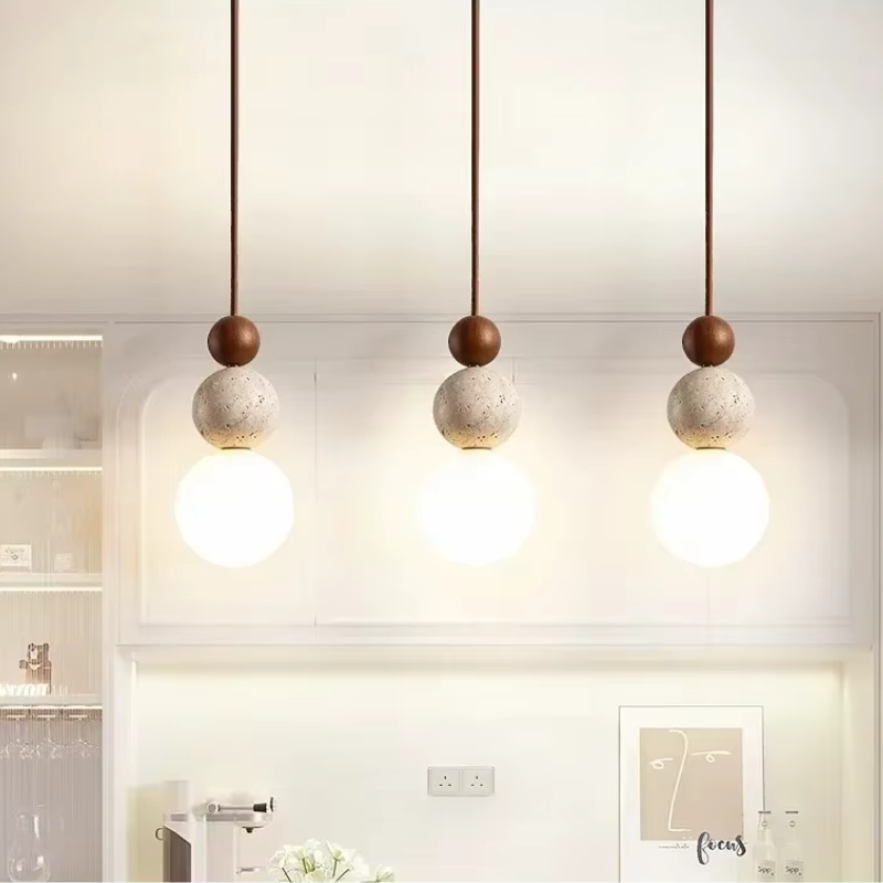 Pendente Thai - madeira e travertino