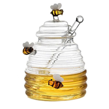 Porta mel com dosador - em vidro com esculturas de abelha em vidro