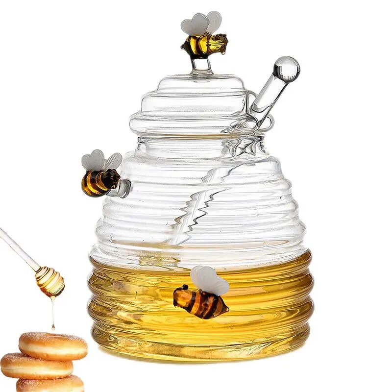 Porta mel com dosador - em vidro com esculturas de abelha em vidro