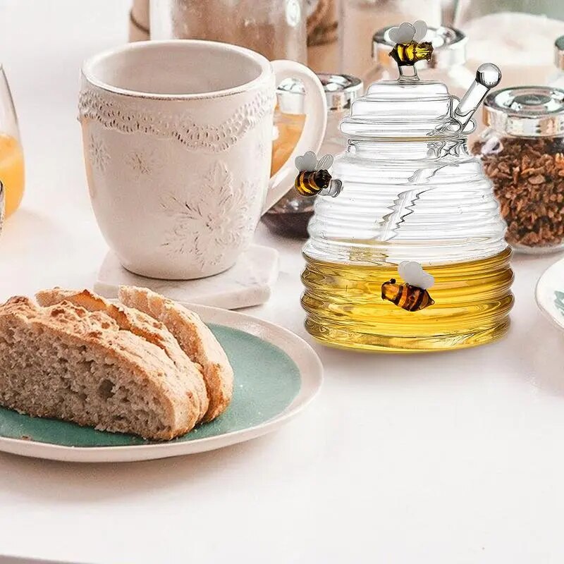 Porta mel com dosador - em vidro com esculturas de abelha em vidro