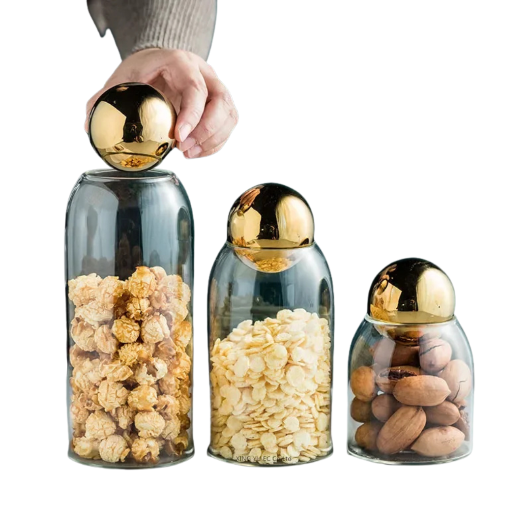 Potes em vidro com tampa cromada - 04 Tamanhos