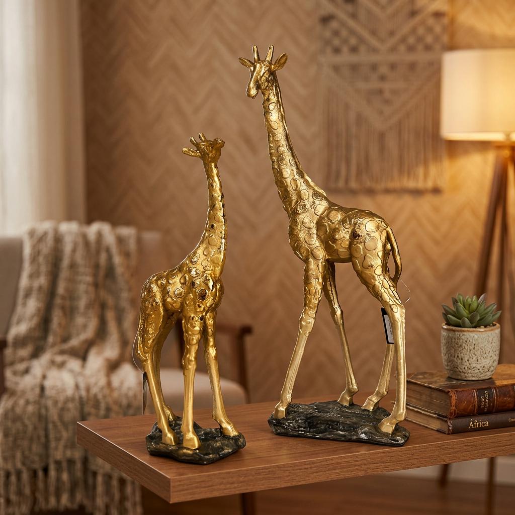 Esculturas Girafa Africana Dourado - 02 Tamanhos