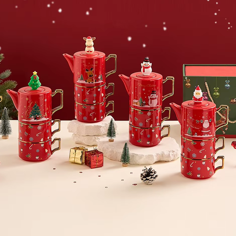 Bule + Xícaras Natal - Jogo 3 ou 5pcs