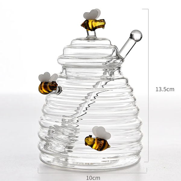 Porta mel com dosador - em vidro com esculturas de abelha em vidro