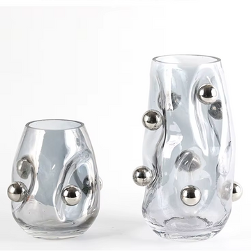 Vaso em vidro fumê com bolas prata - 02 Tamanhos