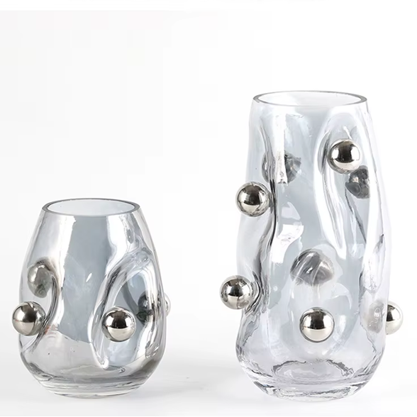 Vaso em vidro fumê com bolas prata - 02 Tamanhos