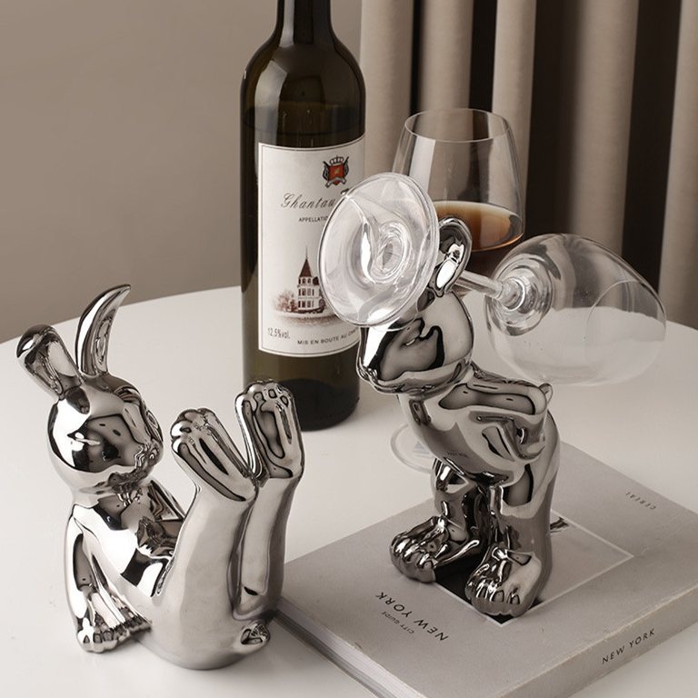 Porta Vinho & Porta Taça Bunny - em cerâmica cromada