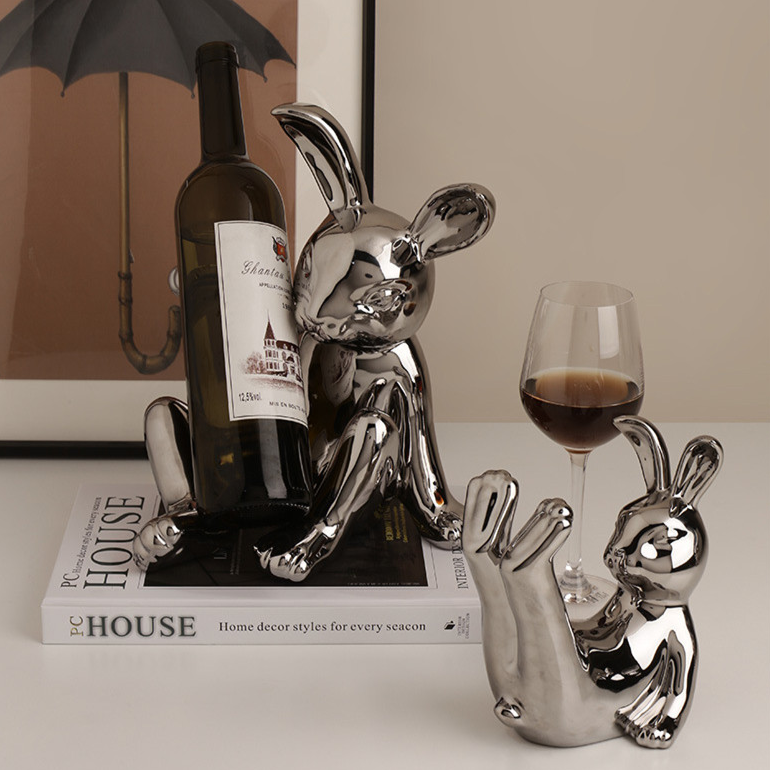 Porta Vinho & Porta Taça Bunny - em cerâmica cromada