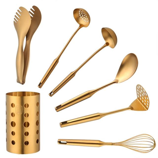 Kit 7pcs Utensílios Gold - Em inox escovado